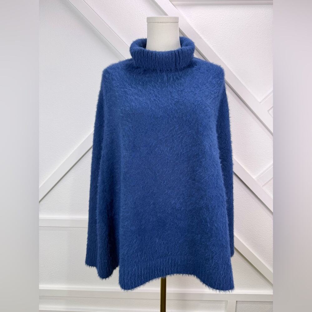 Mersea Chalet Poncho Sweater Blue One Size Fuzzy Cowl Turtleneck